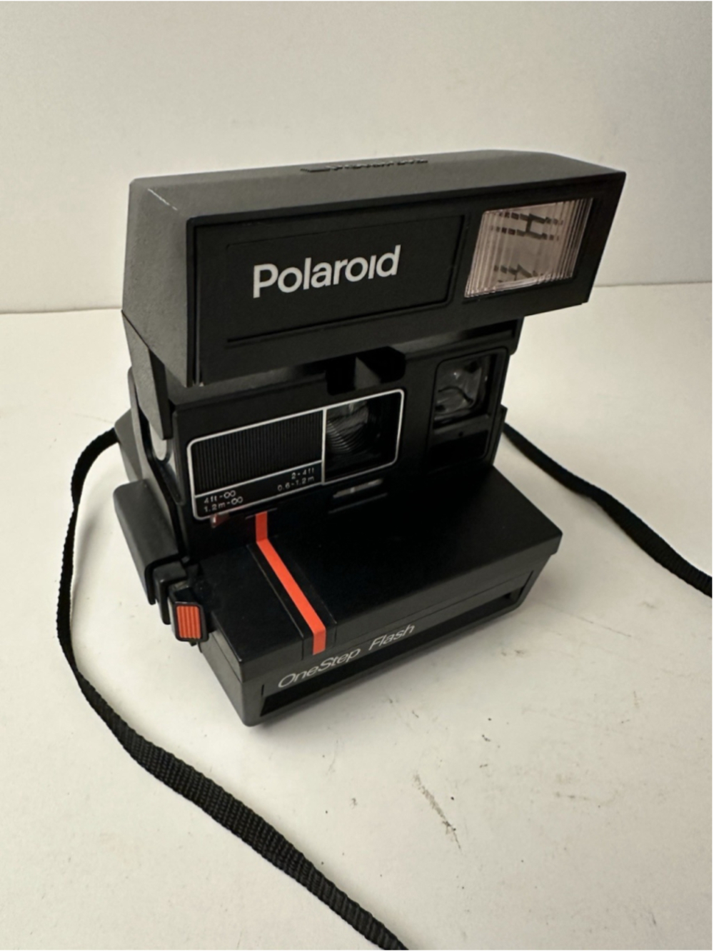 Vintage Polaroid OneStep Flash Instant Camera 600 Film Black Red Stripe Strap